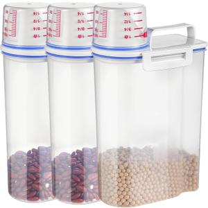 3 Pcs Rice Storage Containers (4 Lbs / 2 Kg Each)  Airtight BPA-Free ABS Plastic Dispenser with Measuring Cup & Pour Spout for Rice, Cereal, Pet Food, and More (Blue + Clear)