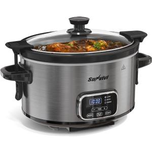 4QT Slow Cooker, Programmable Pot with Removable Ceramic Pot, Locking Lid, 3 Heating Settings & Time Control,Dishwasher-safe Lid & Pot, Grey, 4 Quarts