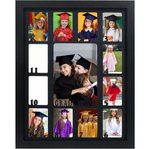 FramePro School Years Picture Frame K-12, Graduation Photo Collage Black Frame with Black Mat, Displays One 5x7 Photo and Twelve 2.5x3.5 Pictures, Graduation Gift Souvenirs