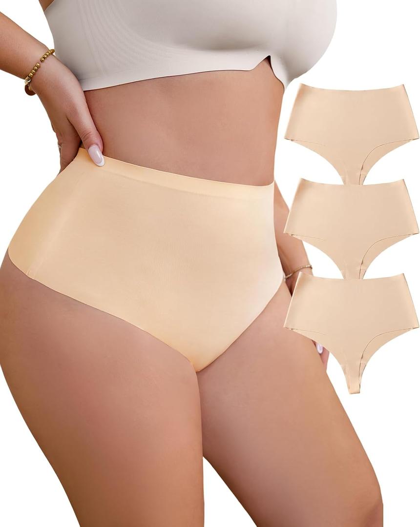 High waisted thong underwear for women Plus size seamless thongs for curvy women No show Panties (Beige, XL)