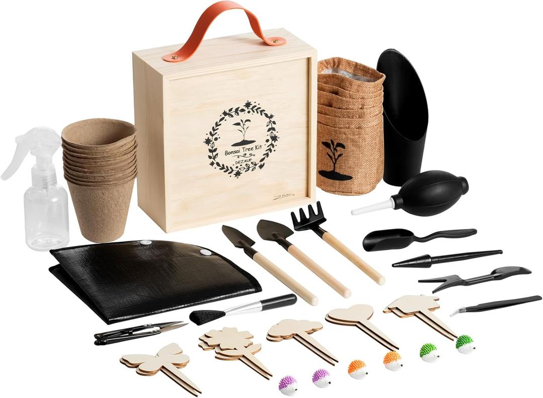 46 Pcs Bonsai Tree Kit - Indoor Starter Kit with Wooden Organizer Box, Succulent Tools Set Includes Repotting Mat, Pruning Shears and Rake - Unique Gardening Gift for Beginners & Plant Lovers