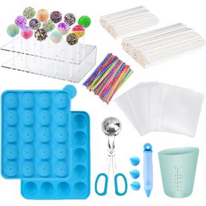 606Pcs Cake Pop Kit,Silicone Lollipop Molds Including Lollipop Sticks,Measuring Cup,Treat Bags,Twist Ties,Decorating Pen,Meat Baller with Handles,Round Mold,Lollipop, Candy,Display Stand Holder(Blue)