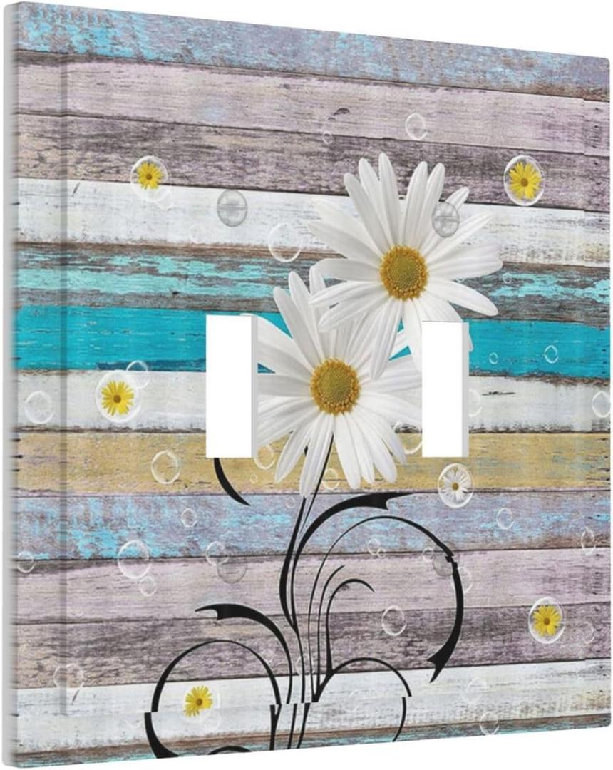 Decorative Switch Plate Covers Farmhouse Rustic Plank Texture Floral Daisy Flowers 2 Gang Wall Plate Double Toggle Light Switch Cover Plate Electric Dual Device Electrical Faceplate