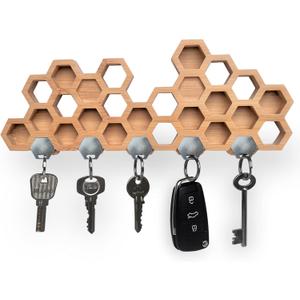 Decorative Honeycomb Magnetic Key Holder for Wall - Heavy Duty Organizer, Multi Hanger, Wood Rack, Modern Mount (Brown)