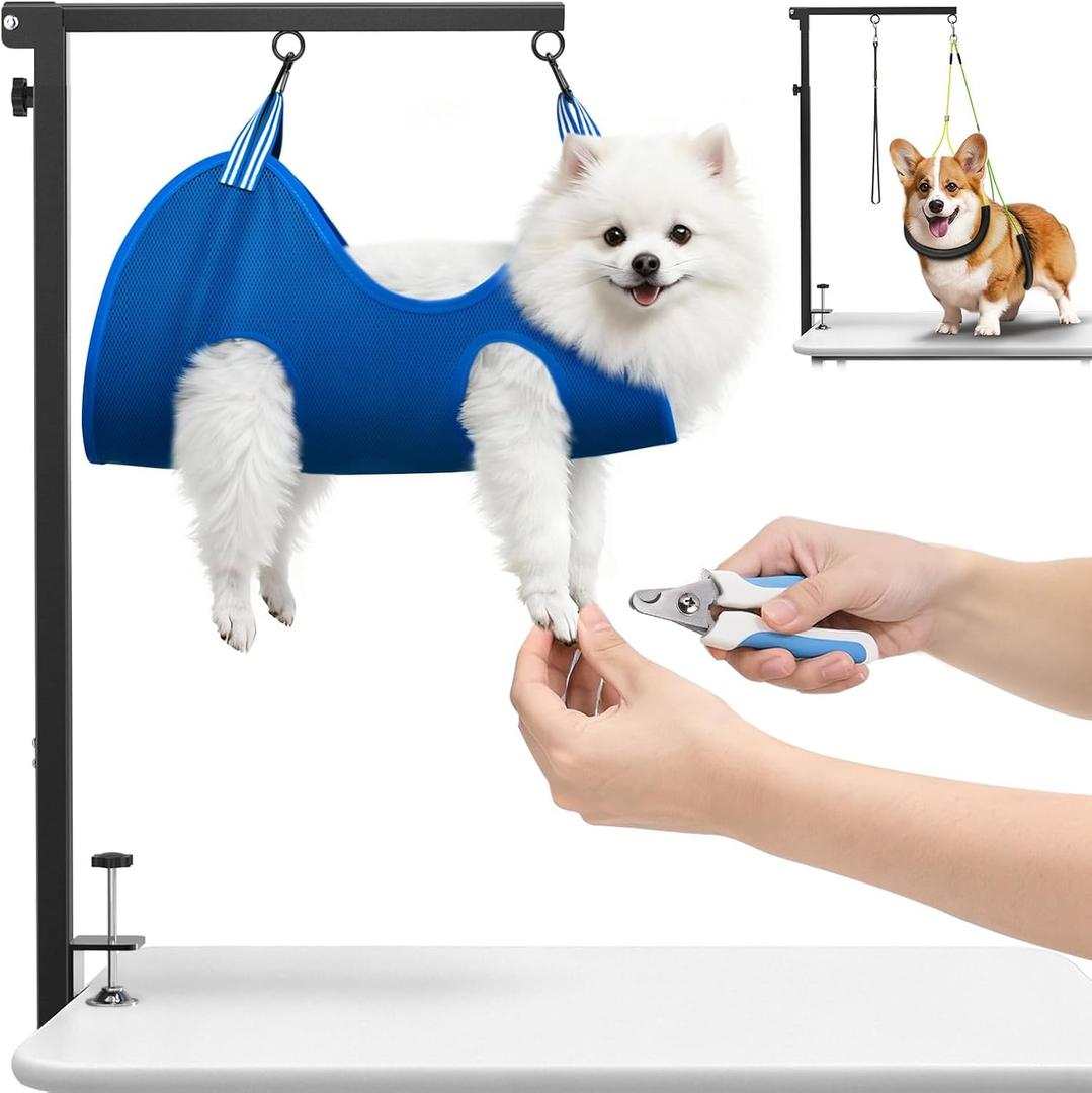 Dog Grooming Arm with Clamp and Grooming Hammock, Adjustable Height 27"-42", Foldable Dog Grooming Table Arm with No-Sit Holder, Dog Grooming Stand for Small Medium Dogs at Home