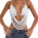 MakeMeChic Women's Y2k Crochet Halter Top Open Back Metal Ring Draped Front Summer Sequin Rave Party Going Out Tops (White, S)