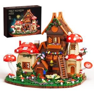 Forest Mushroom House Building Blocks Toy Mushroom Cottage with Openable Windows, Colorful Flowers, Mini Furniture, Staircase & Stone Path Creative Building Set for Adults and Kids(1377 Pieces)