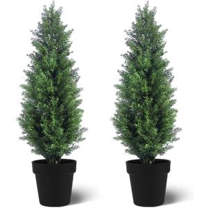 Two 2FT Tall Artificial Evergreen Trees, Beautiful and Realistic Human-Potted False Cypress, an Evergreen Plant for Home Porch Decoration,suitable for interior, office, living room and room decoration