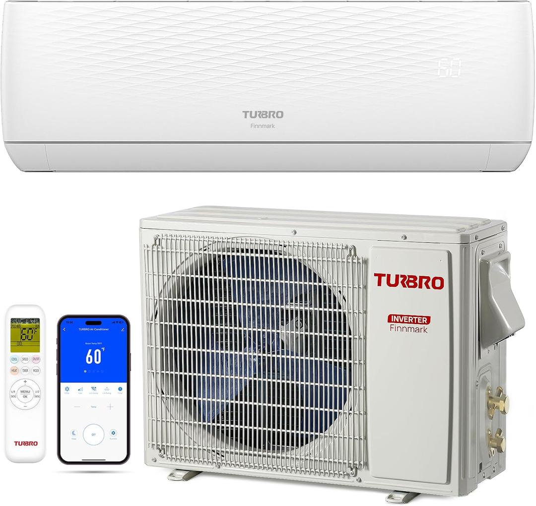 TURBRO 12,000 BTU Ductless Mini Split AC with Heat Pump, Inverter Compressor, 20 SEER2, 115V, R32 Refrigerant, Pre-charged Evaporator, WiFi-Enabled, Works with App, AHRI Certified, Finnmark Series