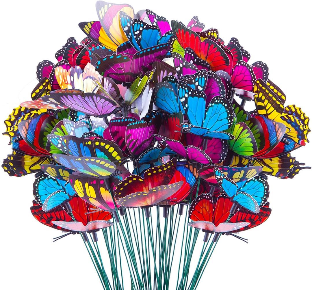 VGOODALL 50pcs Butterfly Garden Decorations, 11.5 inch Plastic Butterfly Stakes Ornaments Artificial Butterflies for Flower Bouquet Arrangements Crafts Outdoor Wall Patio Plant Yard Decor (Multicolor)