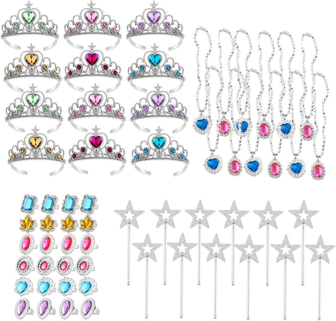 S & E TEACHER'S EDITION 60 Pcs Tiaras Crown Set, Princess Pretend Play Dress Up Set 12 Crowns 12 Wands 24 Rings 12 Nacklaces Princess Jewelry Toys for girls Costume Party Accessories