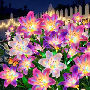 WdtPro Solar Lights Outdoor Garden Decor, 6 Pack Solar Flowers with 30-Head Colorful Lily Lights & Glowing Stems, Brighter Waterproof Decorative Garden Lights for Yard, Patio, Flower Bed, Unique Gifts
