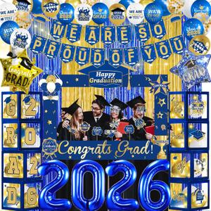 Blue and Gold Graduation Decorations 2026 With Light Balloon Boxes With Letters We Are So Proud Of You Banner Graduation Decorations Gold and Blue Class Of 2026 Decorations