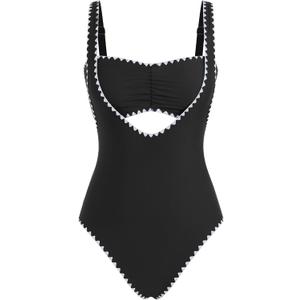 ZAFUL Bikini Sets for Women Color Block Ruched Bandeau Bikini V Neck Tummy Control Swimsuit Romper 2 Piece Bathing Sui, L