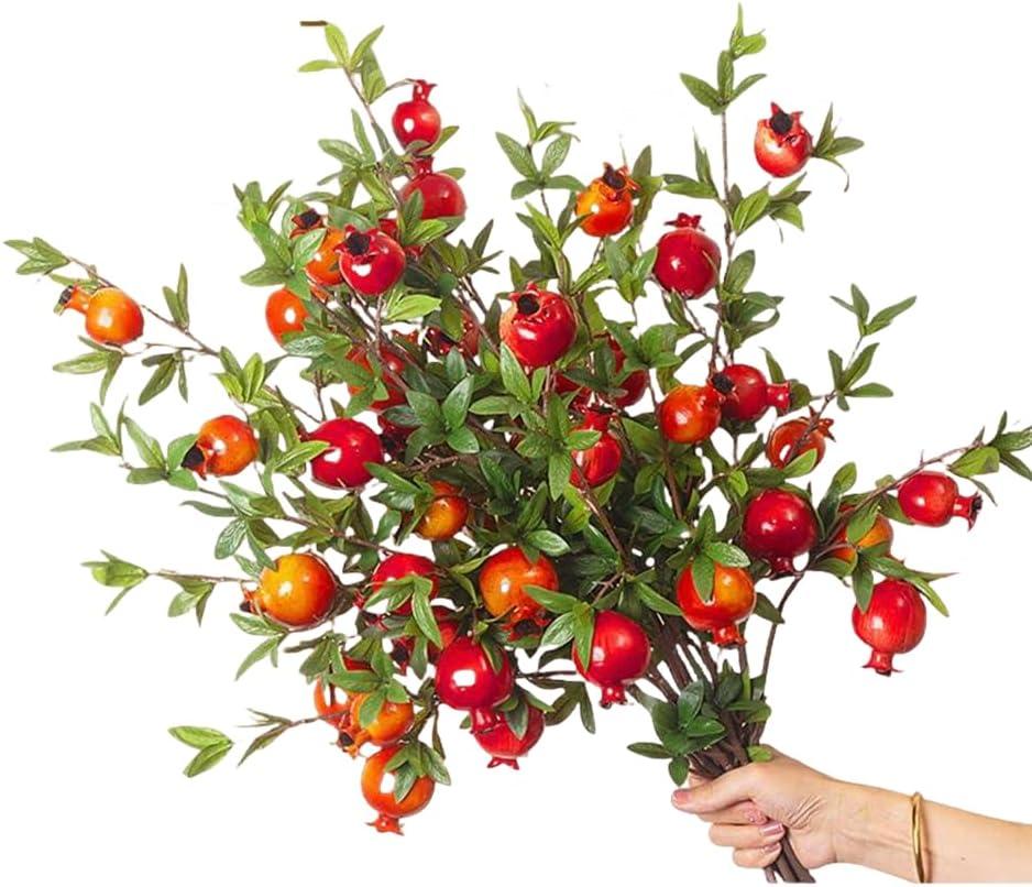 3Pcs Artificial Pomegranate Branches, Red Berry Stems Pomegranate,Fake Plant Stem Fake Fruit with Leaves Pomegranate Berries Branches Lifelike Props Vase Home Party Wedding Decoration (Style A)