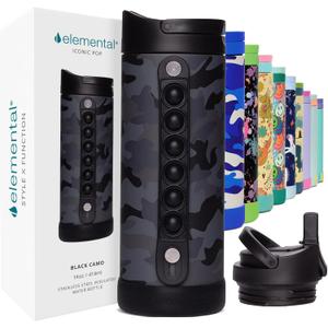 Elemental Iconic Kids Water Bottle with Straw Lid & Stress Relief Pop It Handle, Leak-Proof When Closed, Triple Insulated Kids Stainless Steel Water Bottle For Girls and Boys, 14oz - Black Camo