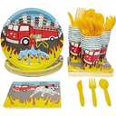BLUE PANDA - Firetruck Birthday Party Decorations, Paper Plates, Napkins, Cups and Plastic Cutlery (Serves 24, 144 Pieces) - Fire Truck Plates - Fire Truck - Party Decoration - Birthday Supplies