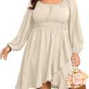 SCOMCHIC Women Plus Size Fall Dresses Long Sleeve Square Neck Ruffle Hem Flowy A-Line Cocktail Wedding Guest Mini Short Dress (Beige) 4XL
