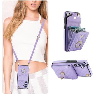 QLTYPRI Crossbody Wallet Case for Samsung Galaxy A16 4G/5G, PU Leather Phone Case with RFID Blocking Card Slots Holder Ring Kickstand Wrist Strap Lanyard Handbag Purse Cover for Samsung A16 - Purple