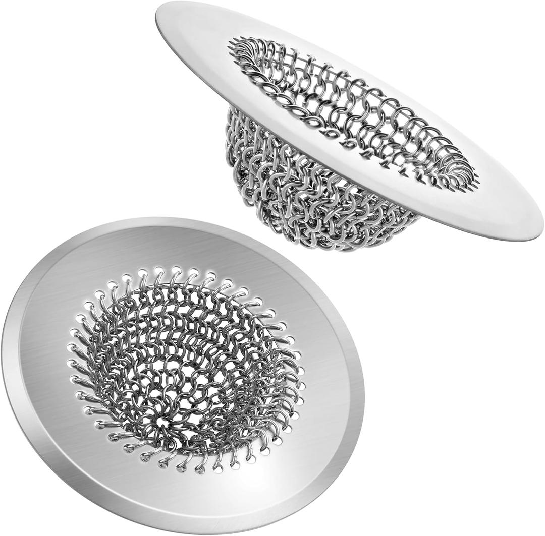 2 PCS Chainlink Kitchen Sink Drain Strainer, Anti-Rust Reversible Easy Clean Sink Drain Basket, 304 Stainless Steel Sink Strainer Food Catcher for Garbage Disposal, 4.4" Diameter Large Wide Rim
