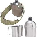 DARTMOOR G.I. Army Stainless Steel Canteen Military with Cup and Green Nylon Cover Waist Belt for Camping Hiking