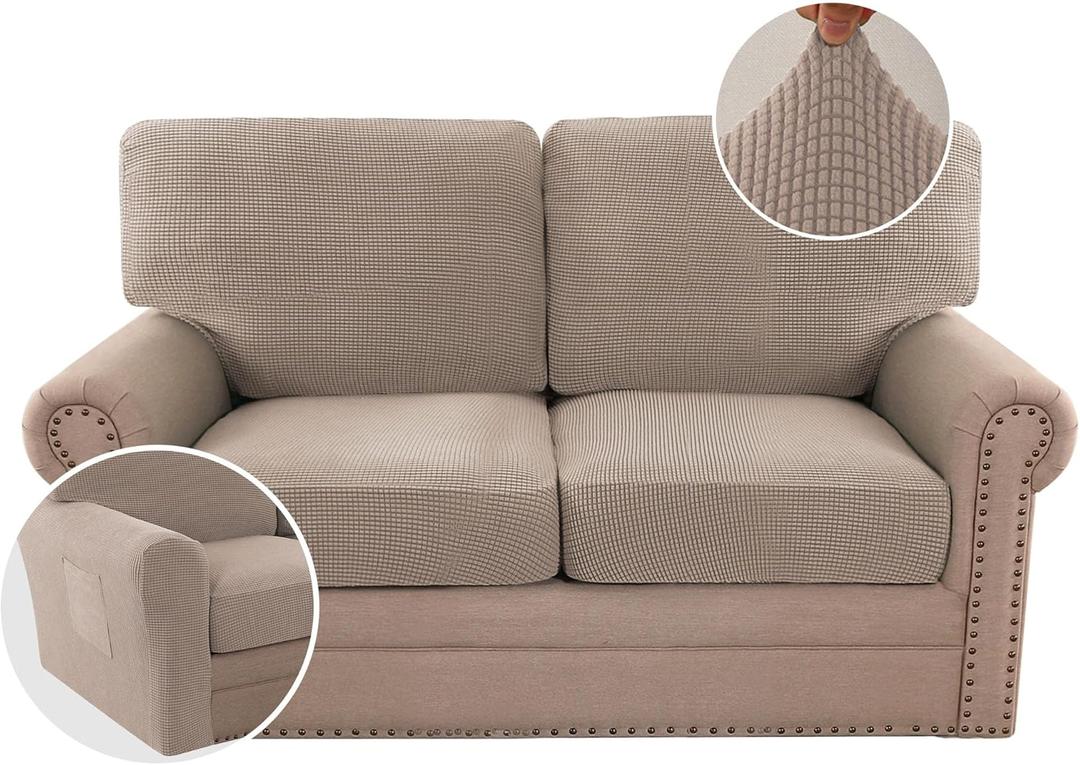 H.VERSAILTEX Multi-Pieces Sofa Covers Stretch Couch Covers Form Fitted Seats and Back Cushions Covers (2 Seat Covers Plus 2 Back Cusion Covers, Bonus 2 Armrest Covers), Sand