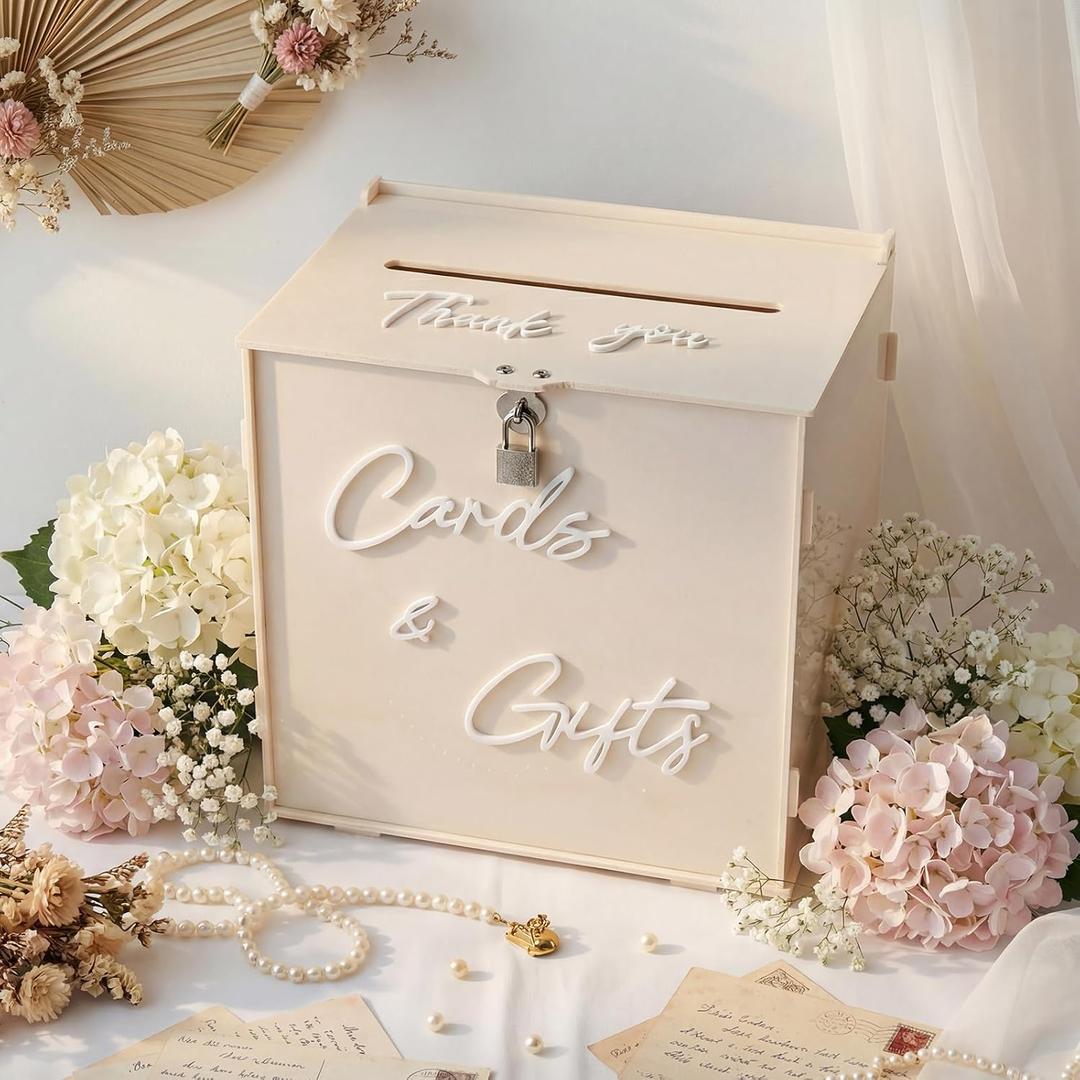 BreezeHug Light Beige Acrylic Wedding Card Box with Slot and Lock, Money Gift Box with DIY Letters cards Gifts/Thank You Letters, Bridal Baby Shower Birthday Party (10 * 10 * 6inch)