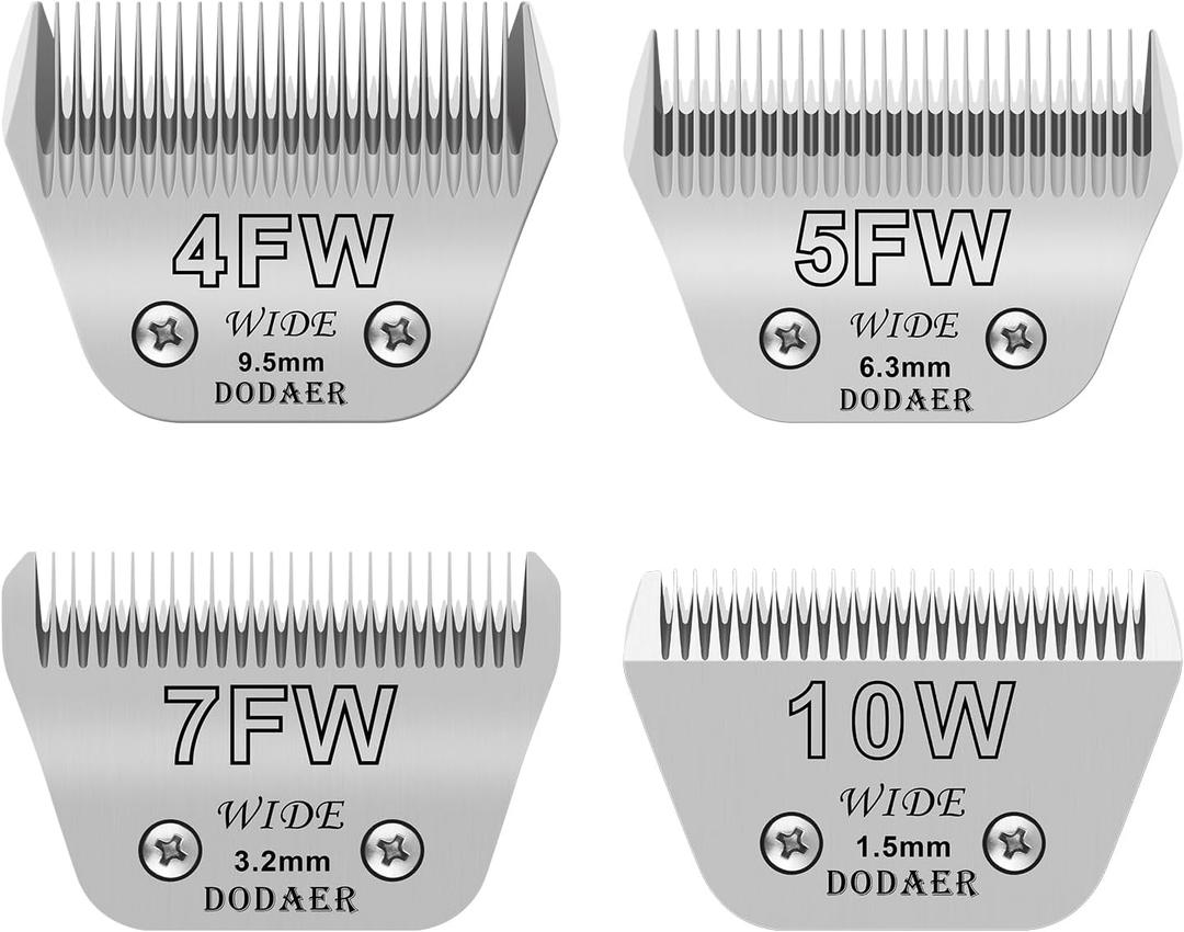 4 Pack Detachable Pet Dog Grooming Blades-Size 10W+7FW+5FW+4FW Dog Grooming Wide Blade,Cutting Length 1/16 in -3/8 in1.5mm-9.5mm,Compatible with Most Andis,Oster A5,Wahl km10 Clippers (Silver)