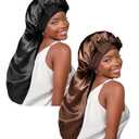 YANIBEST 2Pcs Silk Bonnet for Sleeping Braid Bonnet for Long Hair with Tie Band Bonnet for Braids for Black Women Curly Hair Locs,Black&Brown (Large)