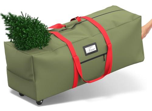 Mrrihand Christmas Tree Storage Bag, Large Artificial Anti-Tear Heavy-Duty 600D Oxford Cloth Xmax Christmas Tree Storage Box with Rolling Wheels, Christmas Tree Storage Container (Army Green&Red, 9Ft)
