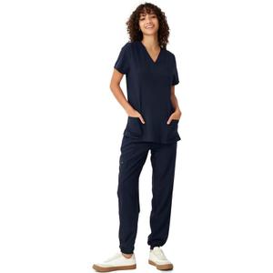 Women's V-Neck Scrubs Top & Cargo Pants Set, 10 Pockets, Yoga Waistband, 4 Way Stretch (Medium, Navy Blue)