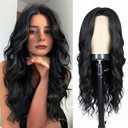 Long Black Wig for Women 26 Inch Middle Part Wavy Women Charming Hair Realistic Natural Looking Synthetic Heat Resistant Fiber Wig for Daily Party Use