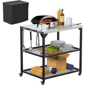 AJinTeby Outdoor Grill Cart for Cuisinart Pizza Oven, 3 Tier Mobile Countertop Cart for Ooni Oven, Fits Blackstone Grill, Stainless Steel Table Stand Work Cart, Outdoor Grill Cart with Storage
