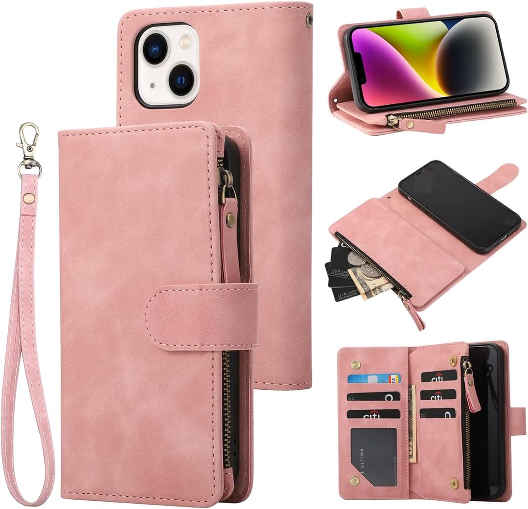 RANYOK Wallet Case Compatible with iPhone 13 Pink | 6.1 inch, Premium PU Leather, Zipper, Flip Folio, Wallet, RFID Blocking, with Wrist Strap, Magnetic Closure, Built-in Kickstand, Protective Case