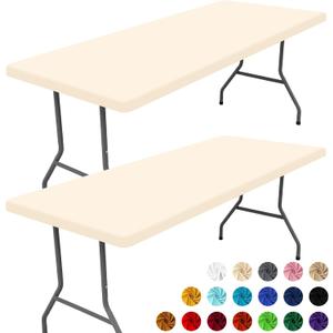 Moosfor Spandex 6 Foot Rectangle Table Cloth 2 Pack, Elastic Fitted Tablecloths for Picnic, Stretch Washable Patio Table Cover for Outdoor, Camping, Banquet and Parties (Champagne, 30"x72")