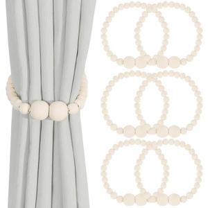 KLOGTSIND Magnetic Curtain Tiebacks, 6 Pack Curtain Holdbacks for Draperies, Wood Bead Curtain Tiebacks, Elegant Curtain Tie Backs for Bedroom Decor, Boho Room Decor, Nursery Decor, Farmhouse Decor