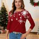 Christmas Shirts for Women Ladies Casual Round Neck Xmas Print Tops Loose Fit 3/4 Length Sleeve Large Deep Red (Red, L)