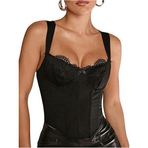 Women's Black All-Match Tight Patchwork Lace Bra Gorgeous Halter Top With Curved Hem Floral Lace Corset Top,  Small Size