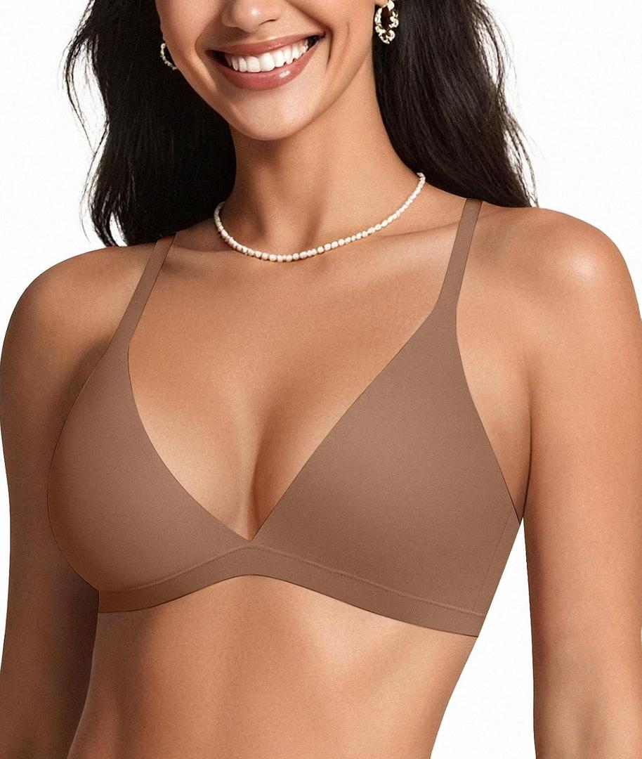 OEAK Womens Comfortable Triangle Bras No Underwire Sexy Plunge Unlined Bralette Pull On Bra Seamless Everyday Tshirt Bras (Beige, S)