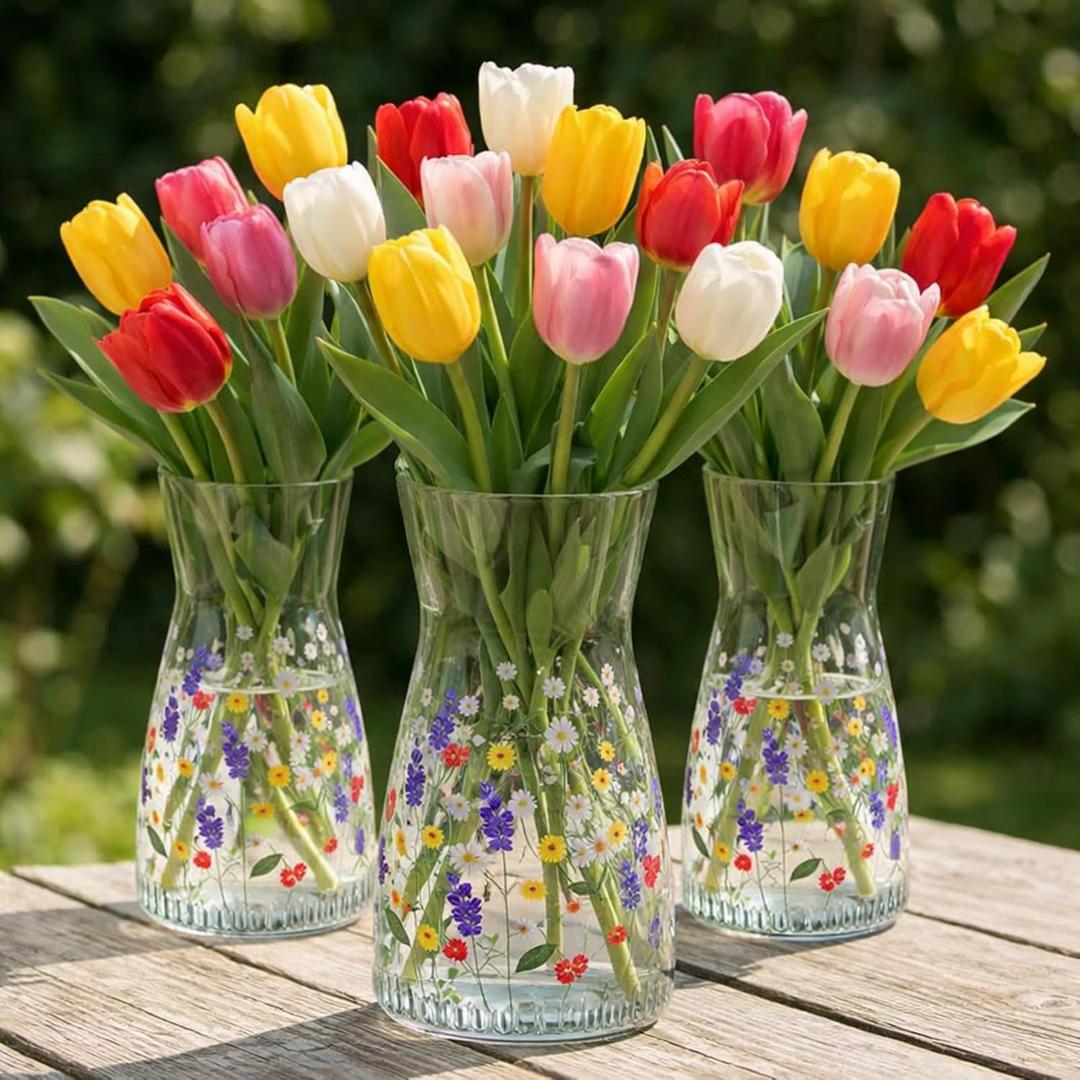 3 Pcs 8 Inch Tall Clear Glass Flower Vase for Tulips Spring Wedding Housewarming Wildflowers Centerpiece Table Home Decor Modern Style Wide Mouth Glass Vase Mother's Day