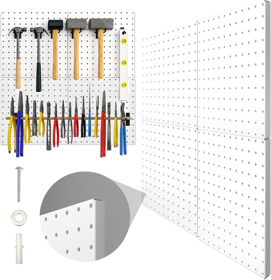 Peg Board, 4 Pack Metal Pegboard Panels White Pegboards Wall Organizer with Bent Frame Large Heavy Duty Peg Board for Walls Home, Garage Tool Storage, Office Organization, Craft Room, Kitchen