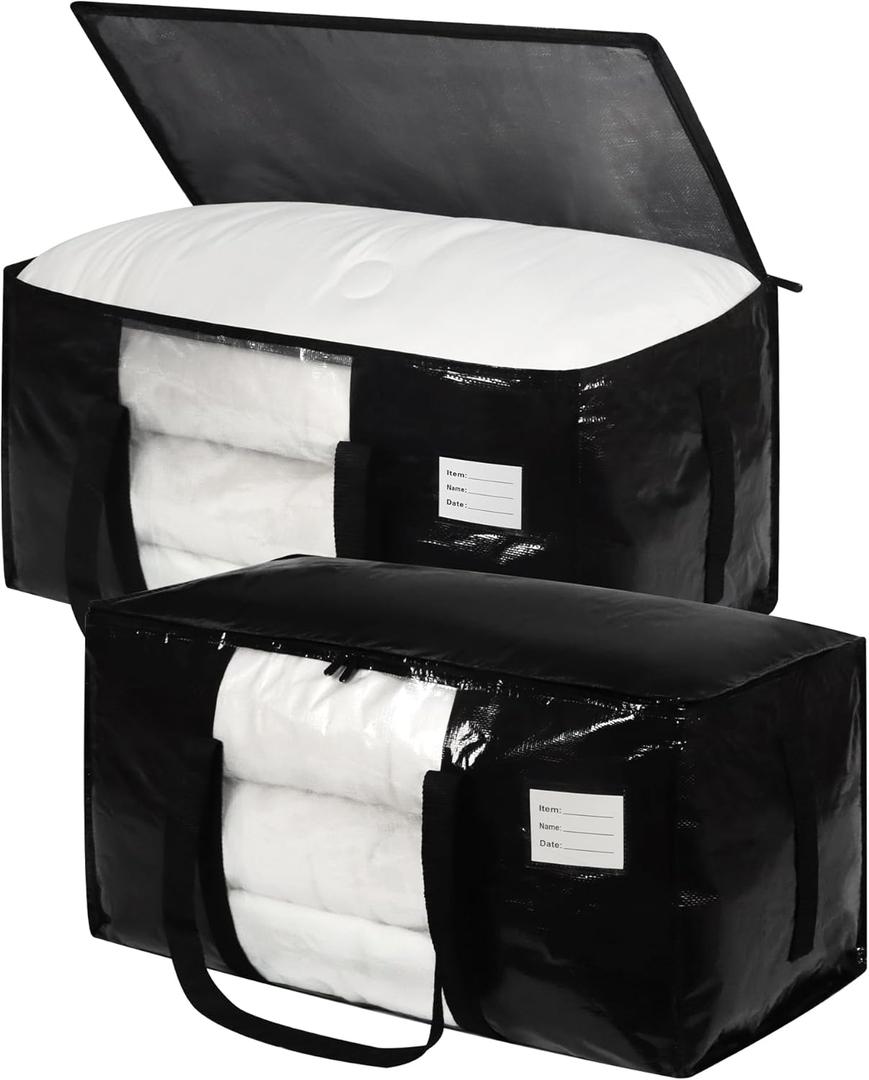 2 Pack Black Moving Bags with Clear Window, Storage Bags with Full Wrap Carrying Handles & Zippers,Large Packing Bag for Saving Space, Alternative to Moving Boxes