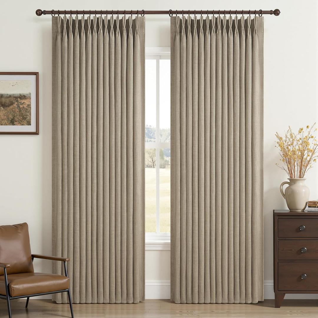 Pinch Pleated Oak Taupe Curtains 90 Inches Long for Patio Sliding Glass Doors 2 Panels Set, Memory Trained Blackout Double Layer Heavy Linen Blend Thermal Noise Cancelling Country Viral Windows Drapes