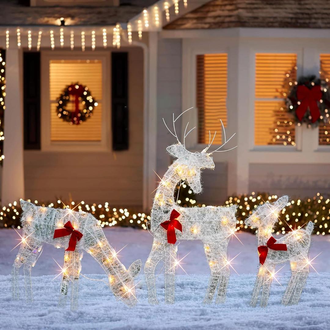 HOURLEEY Christmas Decoration Outdoor 60 Light Up Deer Family, 3-Piece Set 2D Waterproof Plug in Reindeer for Yard Patio Lawn Garden Party Decor 49 x 33 Inch-Large(Warm White)