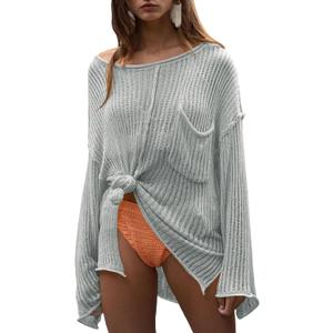 Saodimallsu Womens Sheer Swimsuit Coverup Top Bell Long Sleeve Mesh Ribbed Boat Neck Side Slit Beach Vacation Outfits (Green)