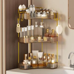3-Tier Corner Bathroom Counter OrganizerMakeup & Skincare Shelf with Built-in Brush HolderSpace-Saving Bathroom Countertop Organizer for Skincare, Perfume, Cosmetics(Amber)