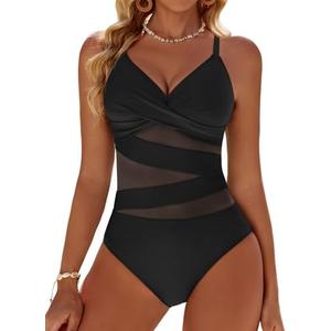 Dridreo Women's Sexy Mesh Tummy Control Swimsuits V Neck Push Up One Piece Bathing Suits Slimming Swimwear, S