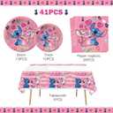 41PCS Pink Stitch Party Set 20 Plates, 20 Napkins & 1 Tablecover. Perfect for Stitch-themed birthdays! Features cute pink Stitch prints, durable plates, and easy cleanup. Ideal for kids parties!