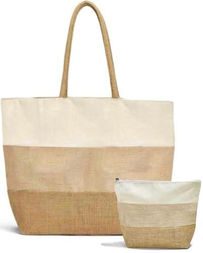 Melanzy Organics Large Zippered Woven Beach Bag Tote - Zippered, Water Resistant| Summer Bag - Jute Canvas Tote | With Matching Large Clutch