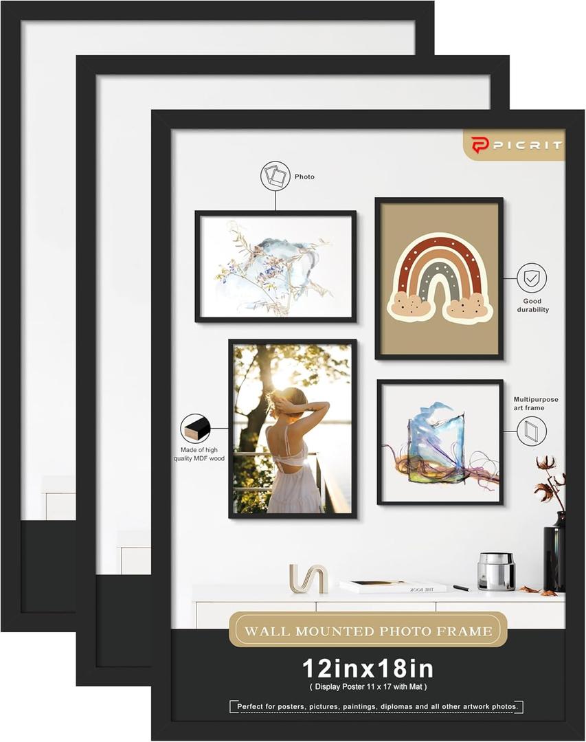 Picrit 12x18 Picture Frame, Black Poster Frame, Display Poster 11 x 17 with Mat or 12 x 18 without Mat for Horizontal or Vertical Wall Mounting, 3 Pack